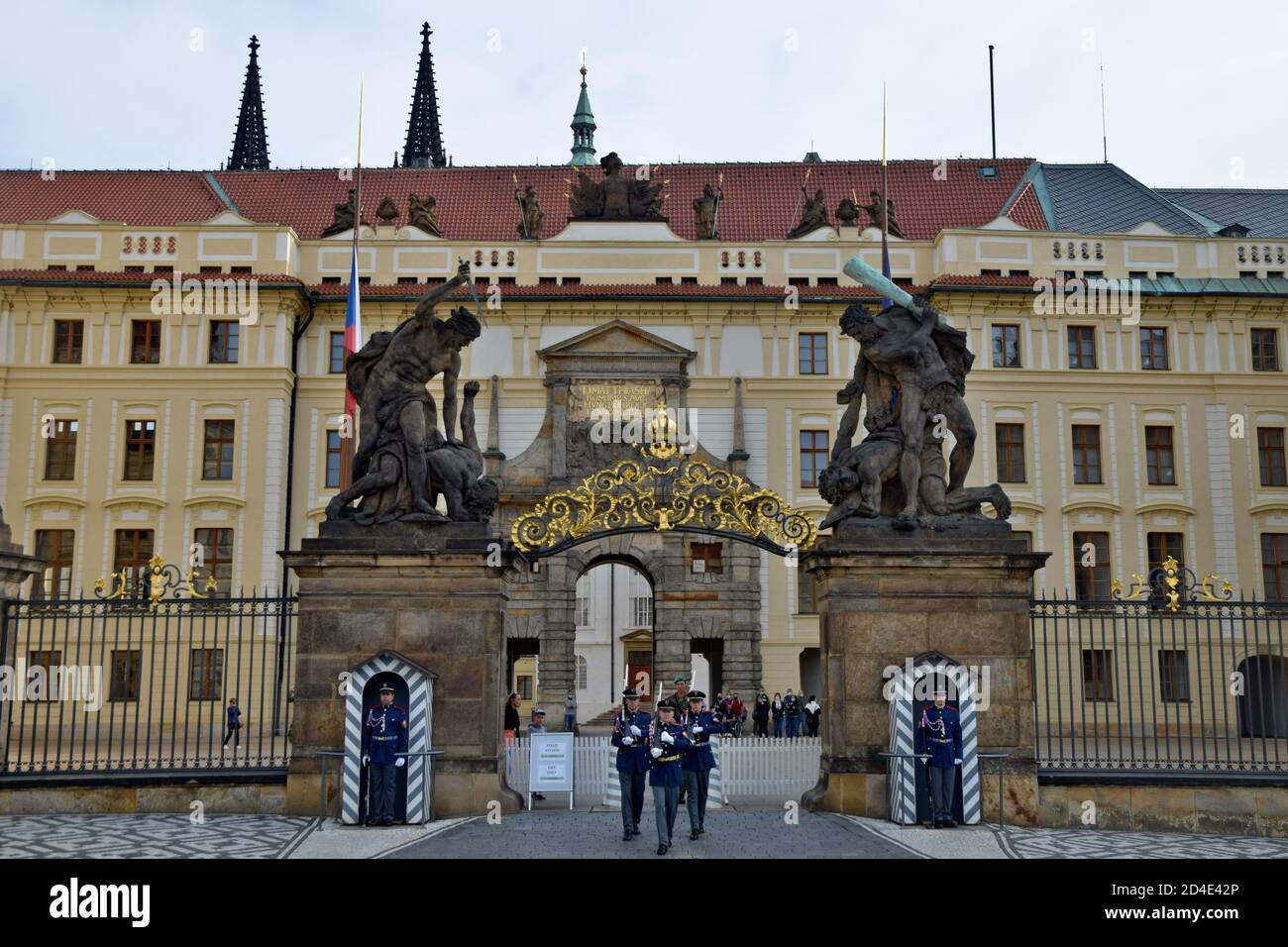 PRAGUE, CZECHIA – CIRCA SEPTEMBER 2020:The Castle Guard in front of the Prague Castle in Czechia during ceremonial duty, changing of the guard. Stock Photo