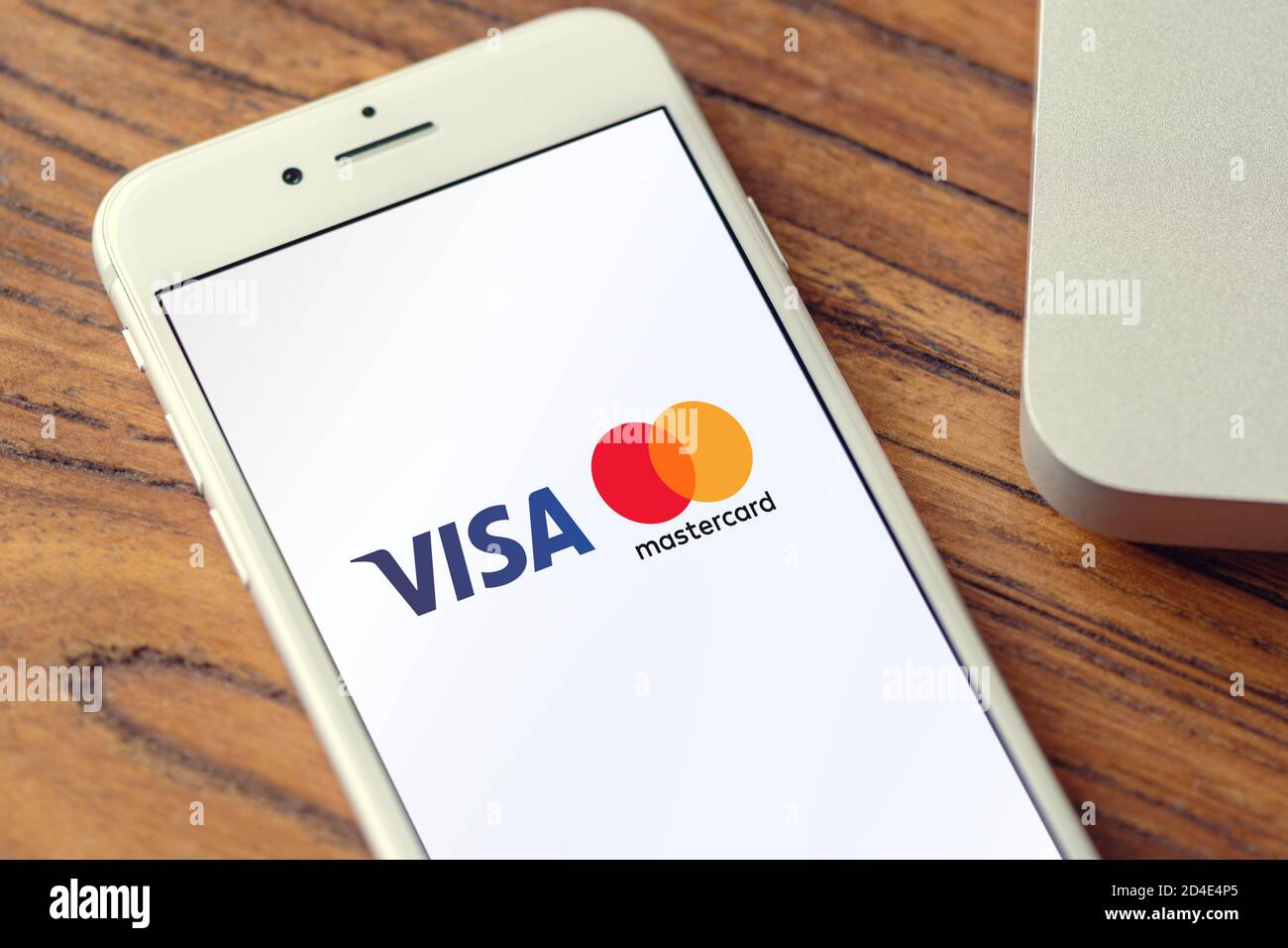 Guilherand-Granges, France - October 09, 2020. Smartphone with Visa and Mastercard logo. Multinational financial services cooperations. Credit cards. Stock Photo