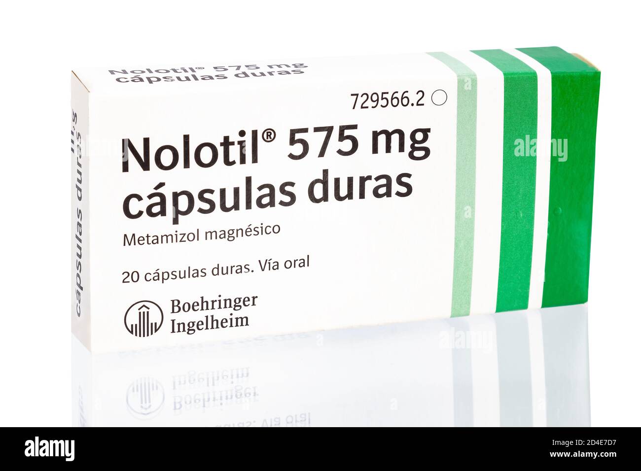 Huelva, Spain-October 9,2020: Spanish Box of Metamizole brand Nolotil from Boehringer Ingelheim. It is a painkiller, spasm reliever, and fever, also h Stock Photo
