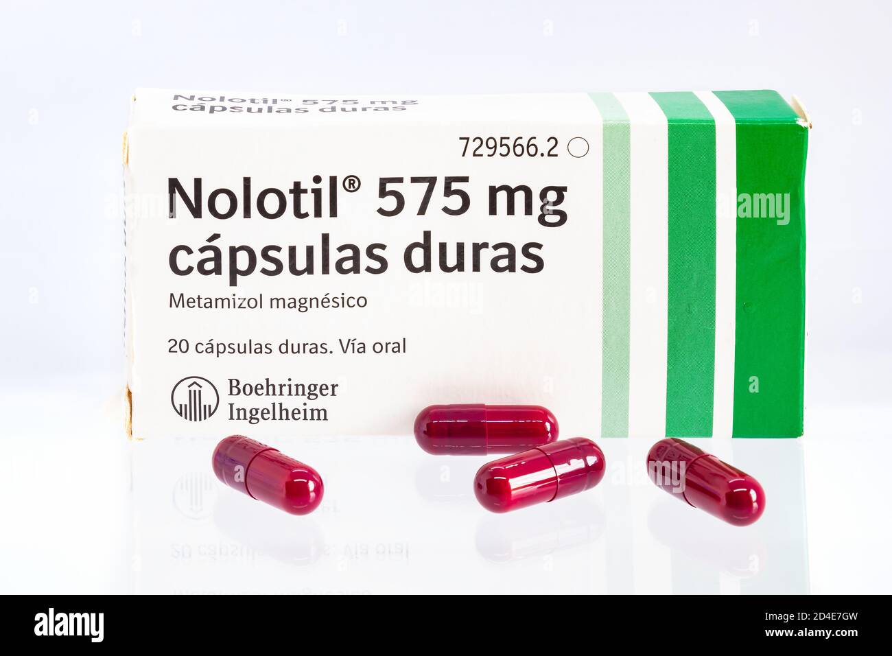 Huelva, Spain-October 9,2020: Spanish Box of Metamizole brand Nolotil from Boehringer Ingelheim. It is a painkiller, spasm reliever, and fever, also h Stock Photo