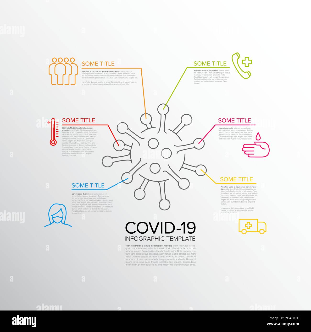 Vector thin line Infographic with coronavirus icon and six covid ...