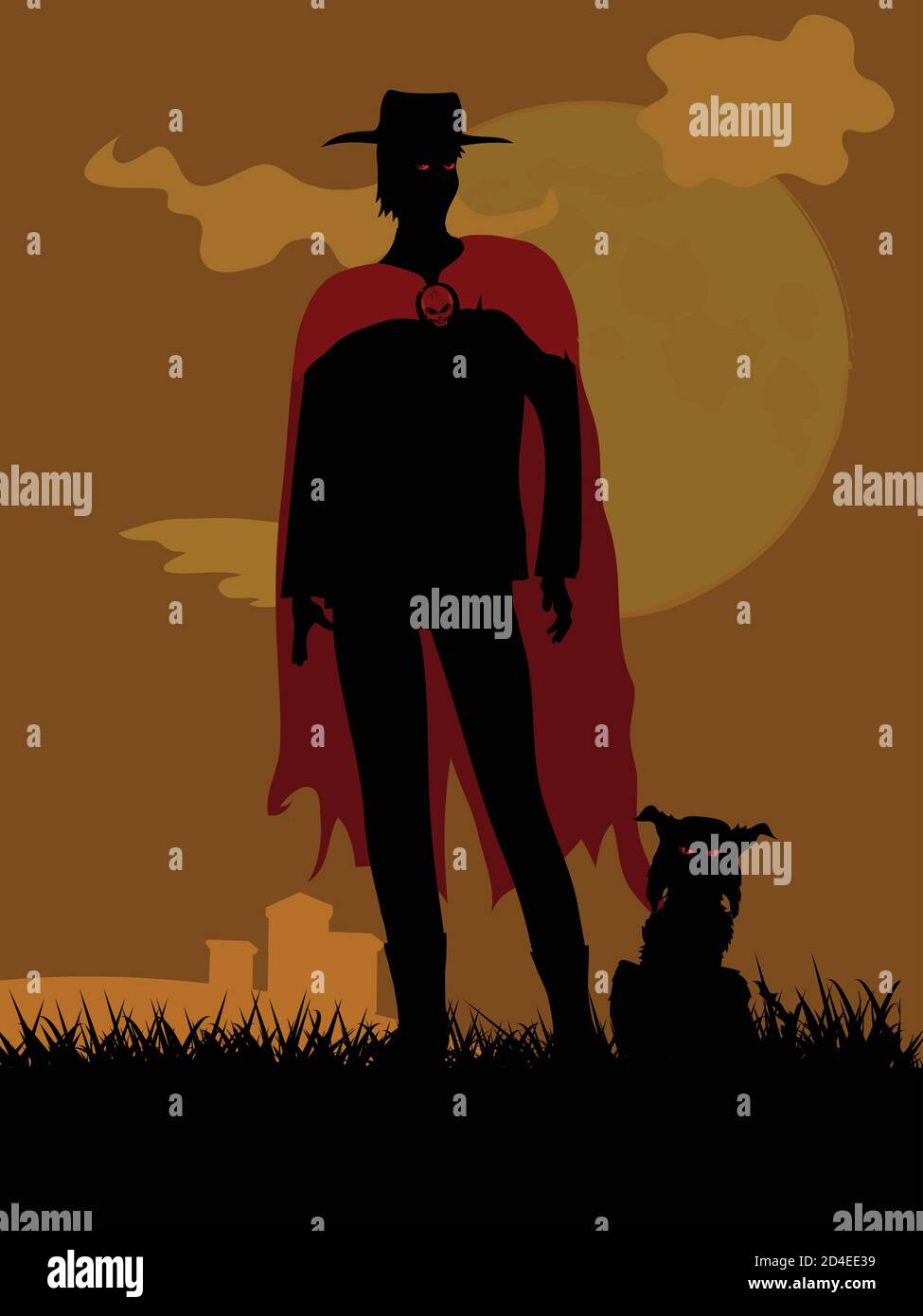 Black Silhouette Of Creepy Man Red Eyes With Hat And Red Cloak With Skull Button And Spooky Cat With Red Eyes Over Grass Graveyard And Big Scary Moon Stock Vector