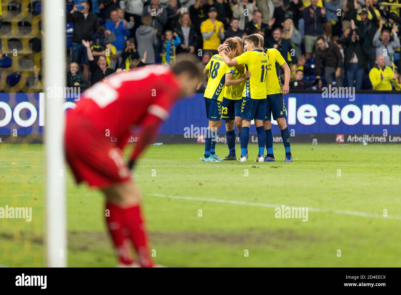 Brondby, Denmark. 01st, August 2019. Jesper Lindstrom (18) of Brondby IF scores for 4-1 during the UEFA Europa League qualification match between Brondby IF and Lechia Gdansk at Brondby Stadion, (Photo credit: Gonzales Photo - Thomas Rasmussen). Stock Photo
