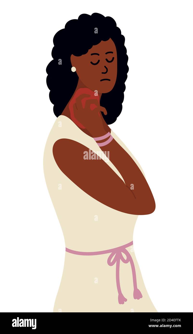 African woman is scratching her black skin on her neck or throat with nails. Eczema, allergies, atopic dermatitis, dry skin. Skin problems. Redness Stock Vector
