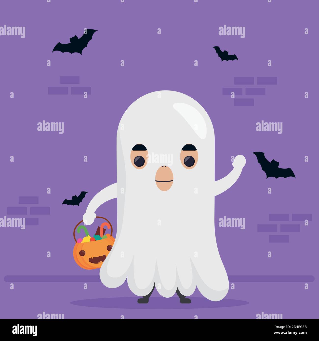 happy halloween cute ghost character and bats flying vector ...