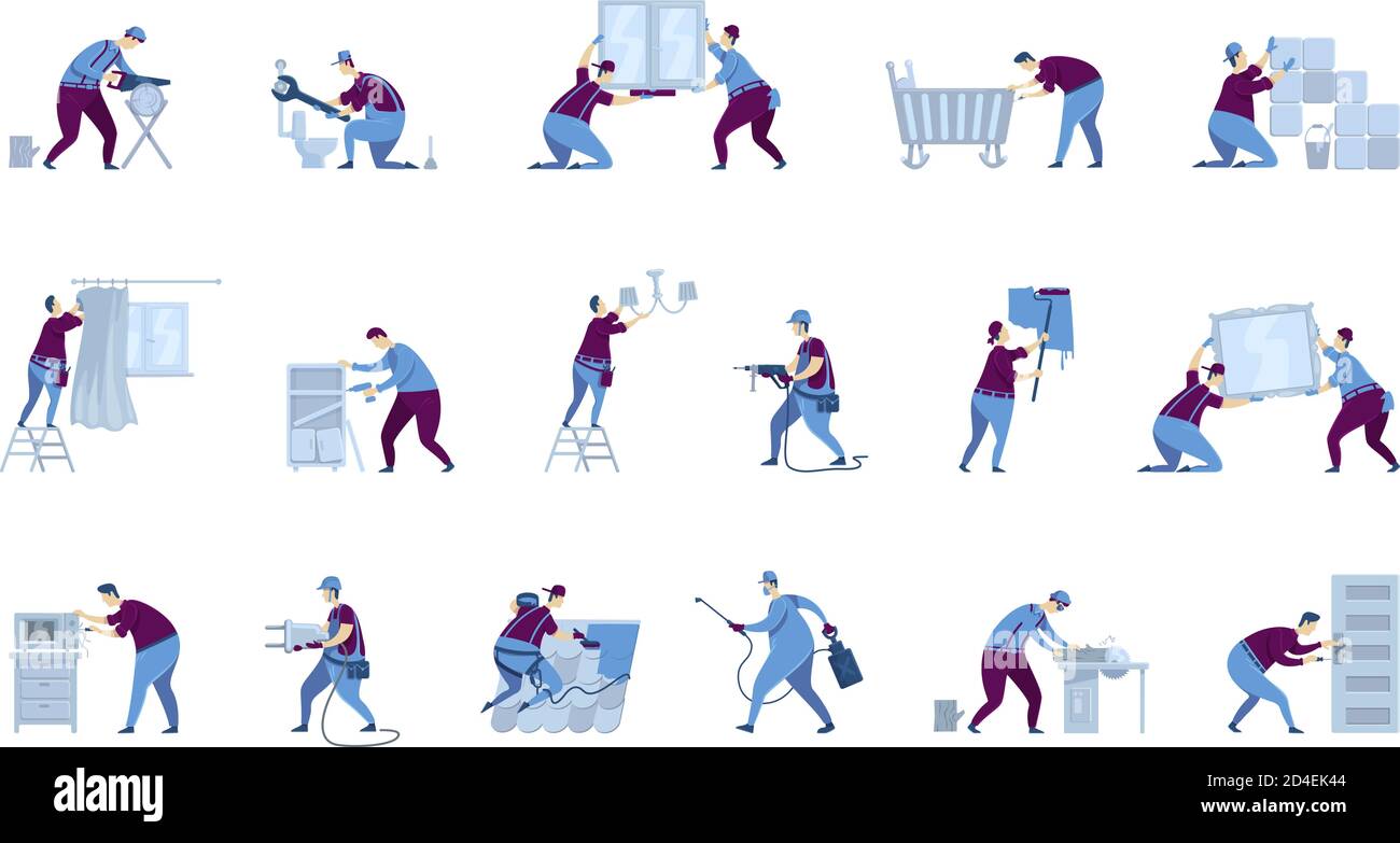 Handyman flat color vector faceless characters set Stock Vector