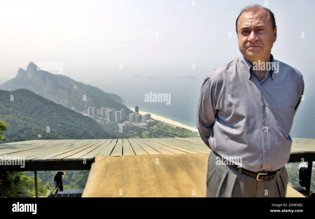Rio de Janeiro Mayor Cesar Maia poses for photographers on top of the Pedra  da Gavea montain in Rio de Janeiro, September 27, 2004. Maia will run for  reelection on October 3