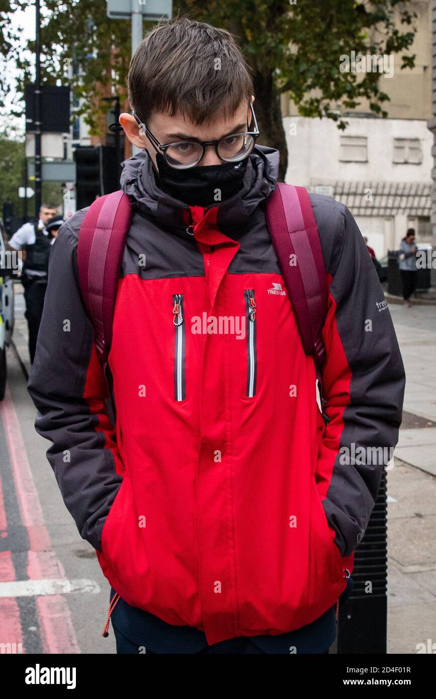 Benjamin Clark, 18, of Wilton Crescent, Hertford, exits Westminster Magistrates' Court in London, charged with criminal damage to the Sir Winston Churchill statue in Parliament Square on September 10, the final day of ten days of Extinction Rebellion protests in the capital and admitted causing £1,642.03 worth of damage to the statue and spraying the word 'racist' in chalk paint, but denied causing all the damage to the statue done on the day. Deputy Chief Magistrate Tan Ikram handed down a £200 fine and ordered Clark to pay £1,200 in compensation. Stock Photo