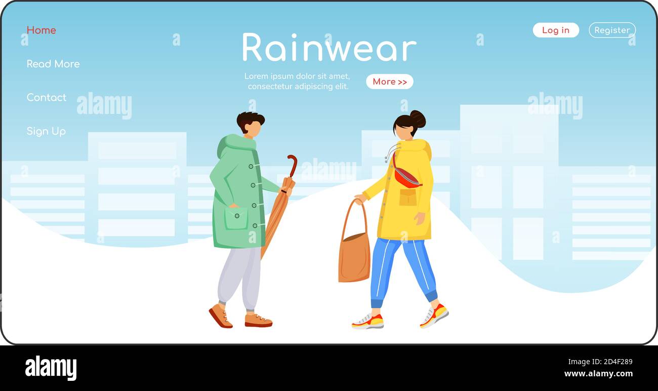 Rainwear landing page flat color vector template Stock Vector