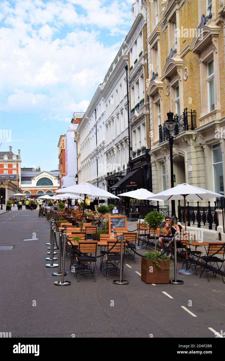 Outdoor street seating at restaurants in Covent Garden, London, 2020