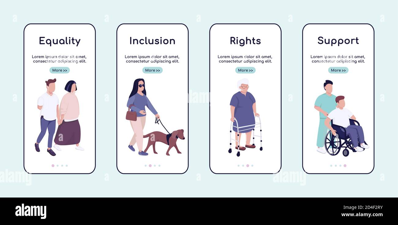 Disabled people equality and support onboarding mobile app screen flat vector template Stock Vector