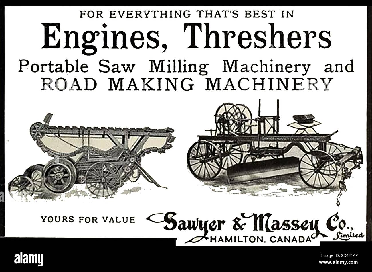 A 1909 Canadian advertisement for Sawyer & Massey farm and industrial  machinery. (threshers, portable milling saws and road making machinery. Stock Photo