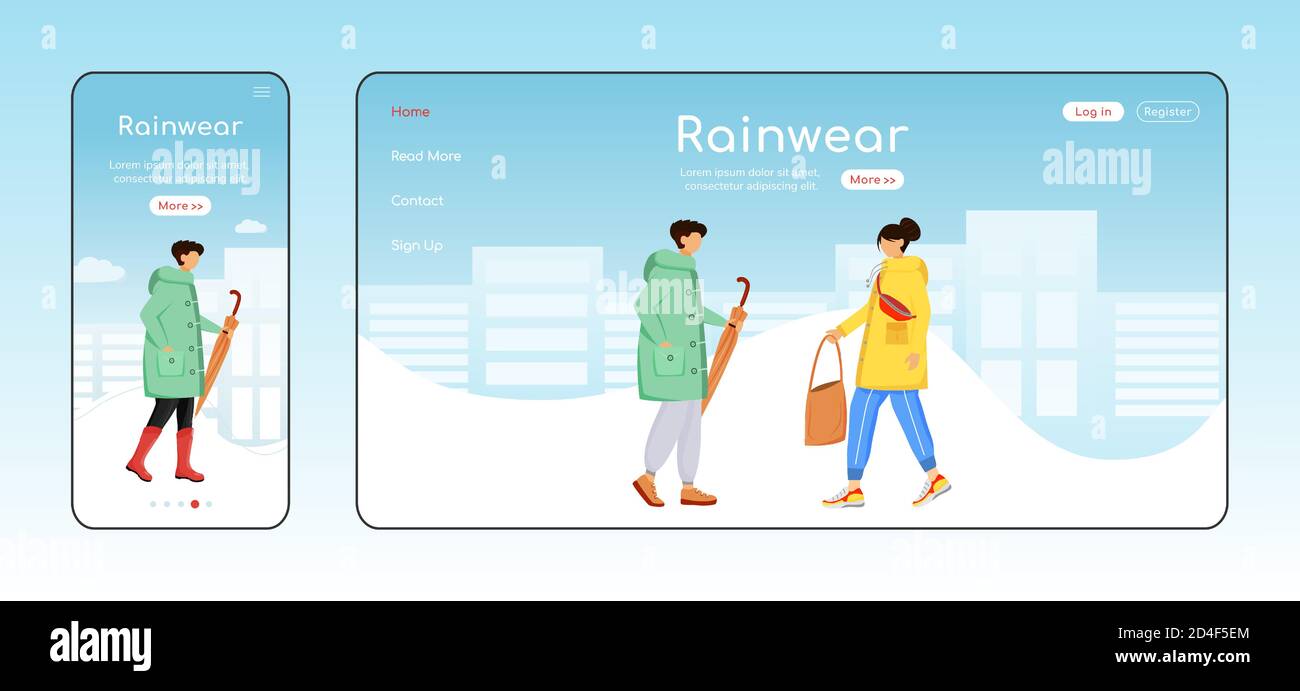 Rainwear landing page flat color vector template Stock Vector