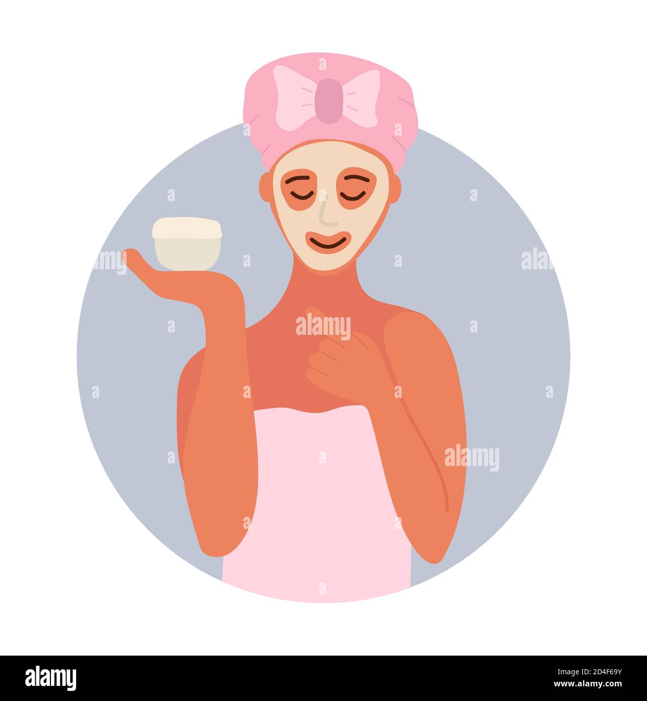 girl after shower holds cream jar in her hands. white mask on her face. Self-care concept, cosmetology, cosmetics. Cartoon hand drawn vector Stock Vector