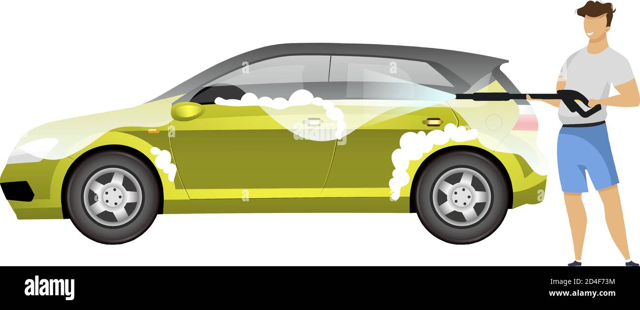 Man washing hatchback flat color vector faceless character Stock Vector