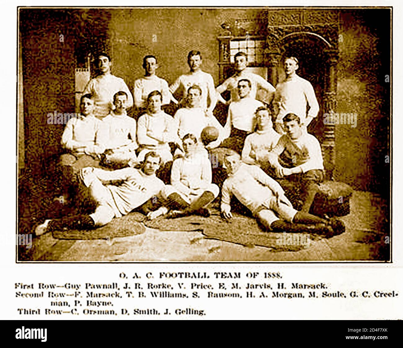 Ontario Agricultural College football team Canada 1888.  with names of players. First row -- Guy Pawnall, J R Rorke, V Price,  E M Jarvis, H Marsack -------------- 2nd row  -- F Marsack, T B Williams,S Rausom, H A Morgan, M Soule, G C Creel  -- it was originally the agricultural laboratories of the university of Guelph,gueph, toronto, university, and was officially founded in 1874 as an associate agricultural college of the University of Toronto. Since 1964, it has become affiliated with the University of Guelph Stock Photo