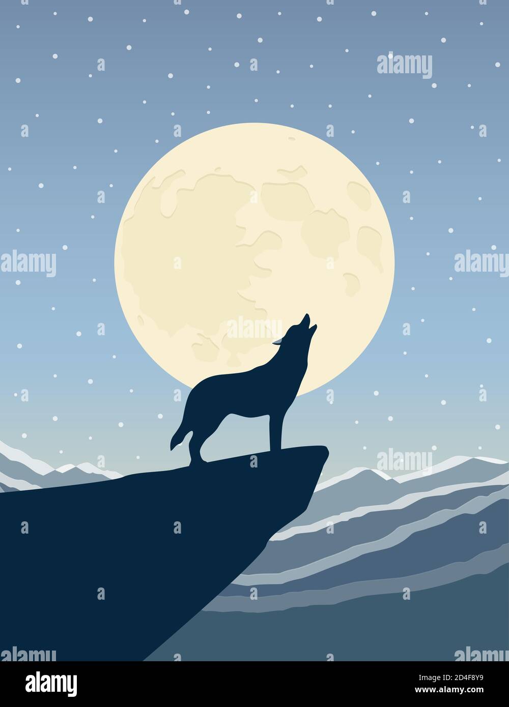 wolf howls at the full moon on snowy mountain landscape vector illustration EPS10 Stock Vector