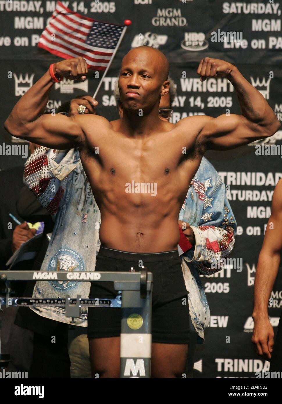WBC/WBA/IBF welterweight champion Zab Judah of Brooklyn, New York poses on the scale during a weigh-in at the MGM Grand Garden Arena in Las Vegas, Nevada May 13, 2005. Judah (32-2) defends his titles against Cosme Rivera (28-7-2) of Los Angeles, California at the arena May 14. Judah weighed 146.5 pounds. Rivera weighed 146 pounds. REUTERS/Steve Marcus  SM/SV Stock Photo