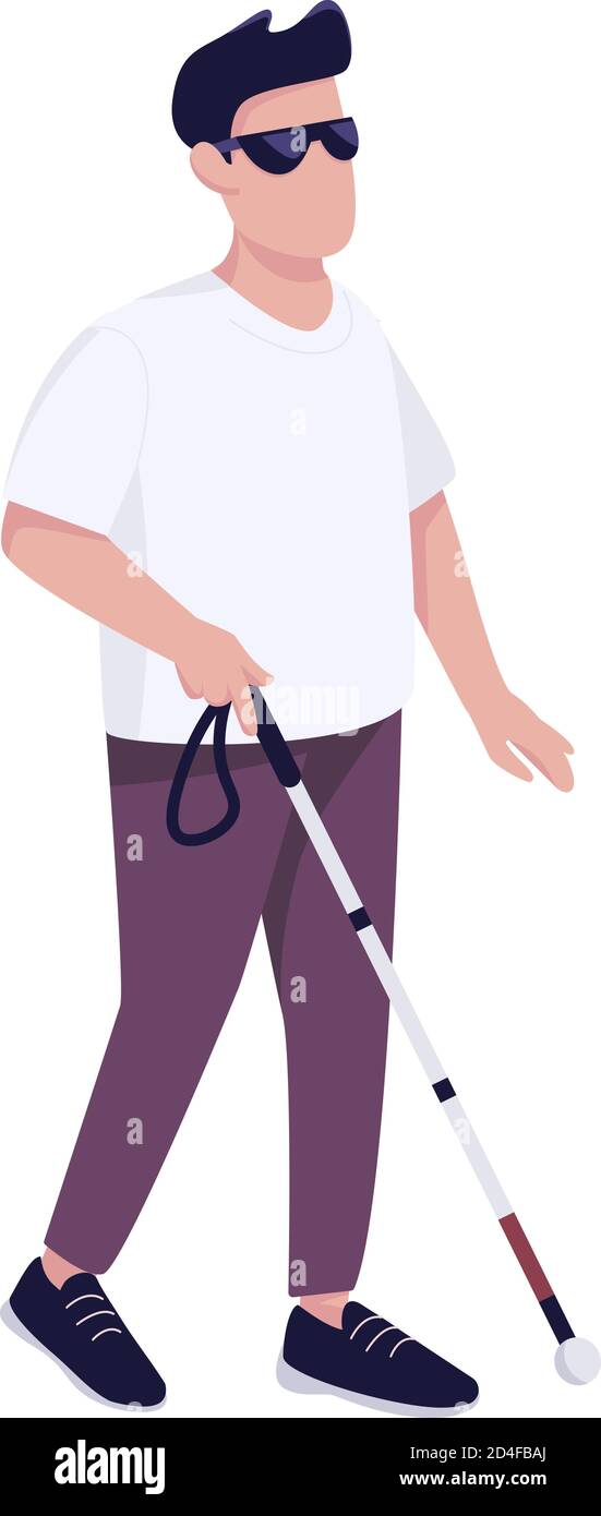 Blind man with walking cane flat color vector faceless character Stock Vector