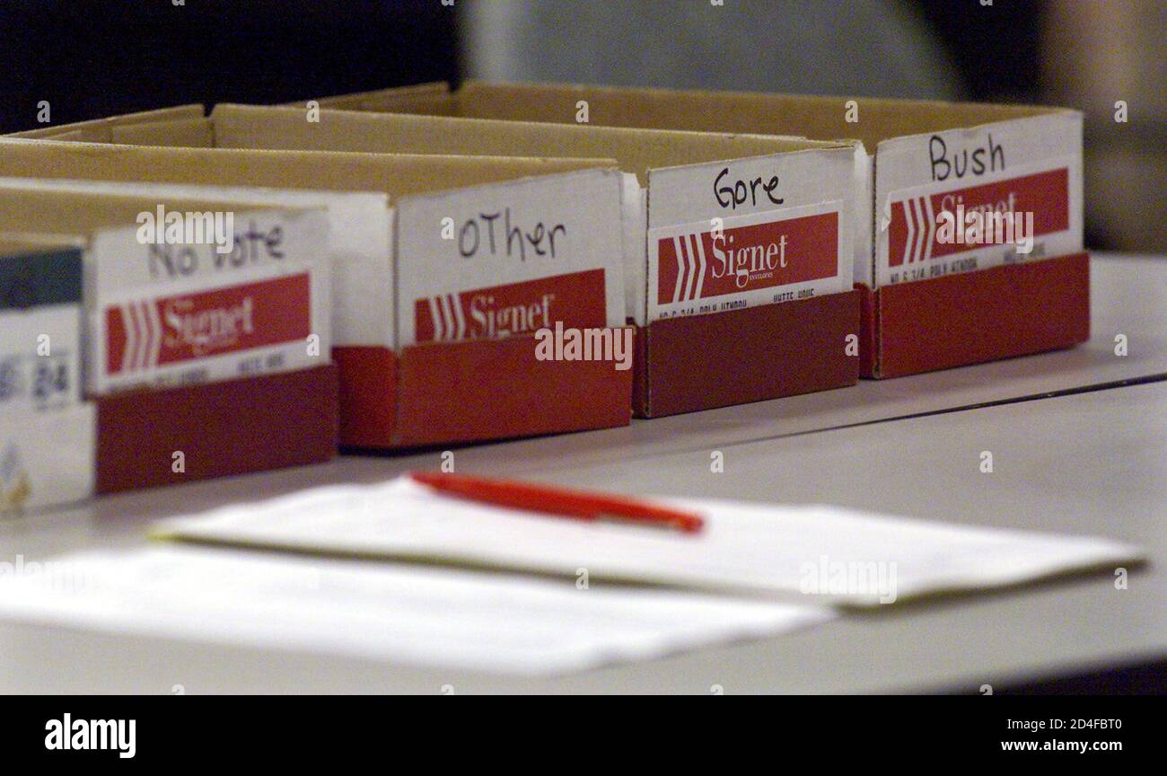 Several boxes are shown on a table in the Leroy Collins Leon County Public  Library in preparation of a manual recount of ballots from Miami-Dade  County as a Florida Supreme Court-ordered recount