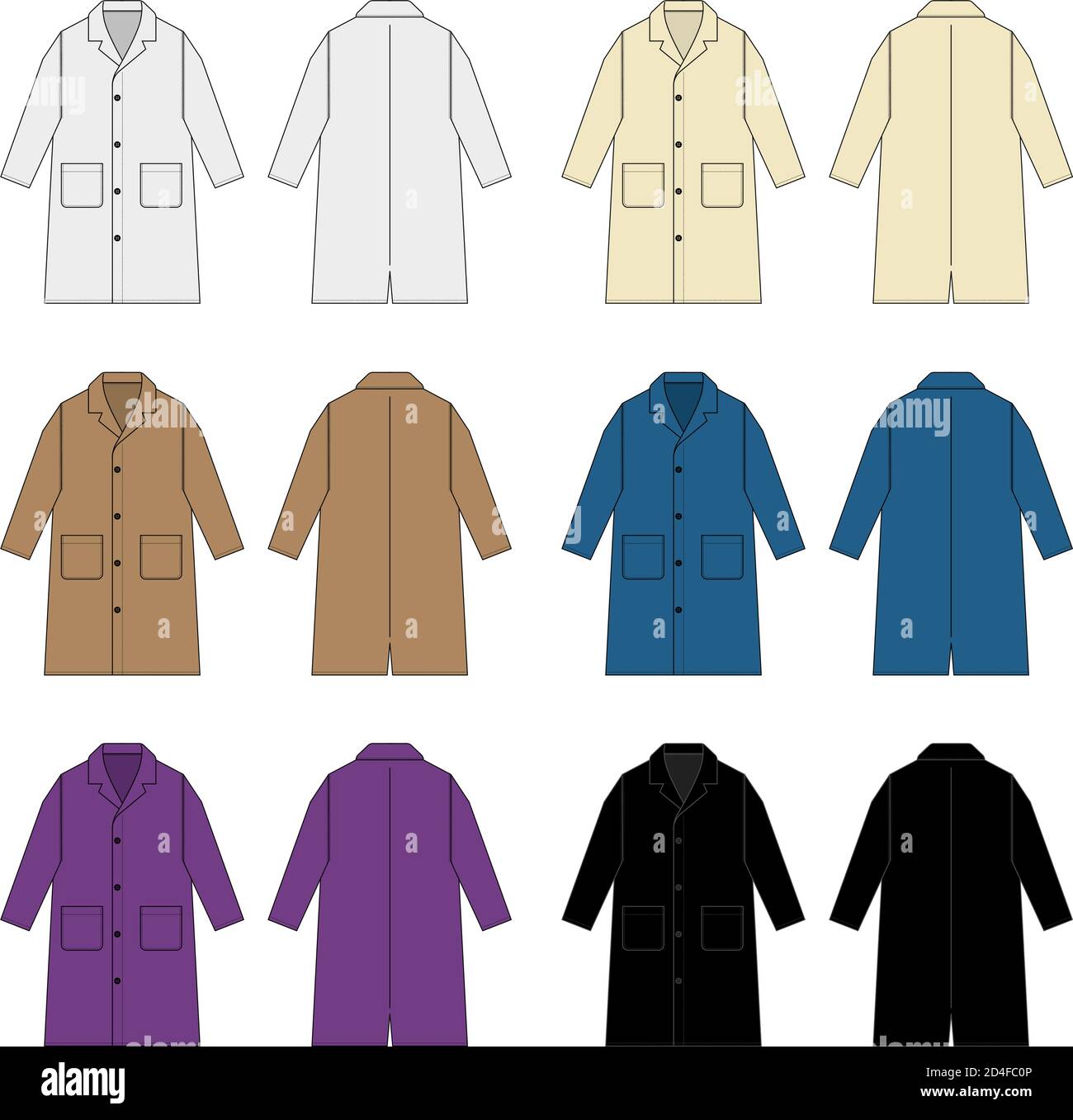 Long coat, trench coat vector template illustration set Stock Vector