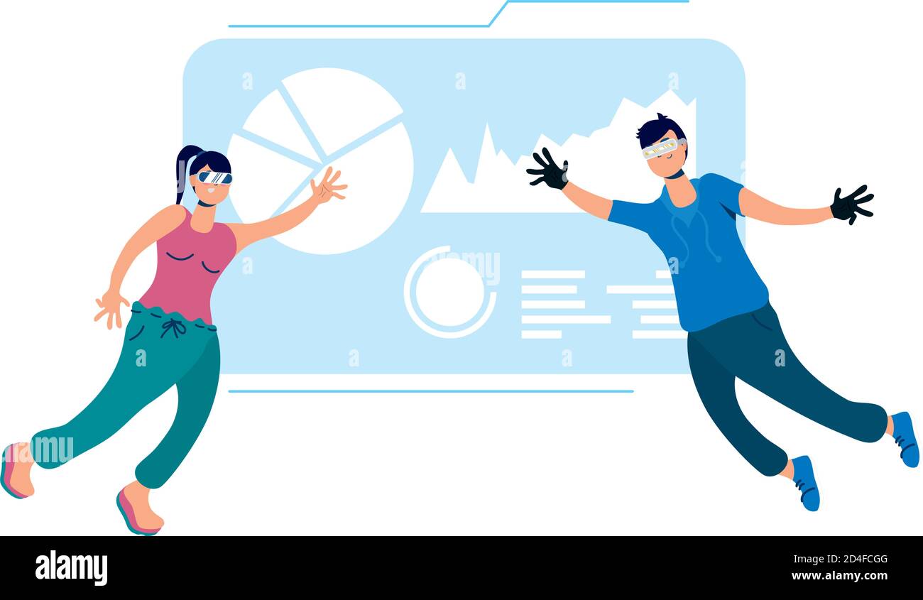 young couple using glasses and reality virtual display vector illustration design Stock Vector