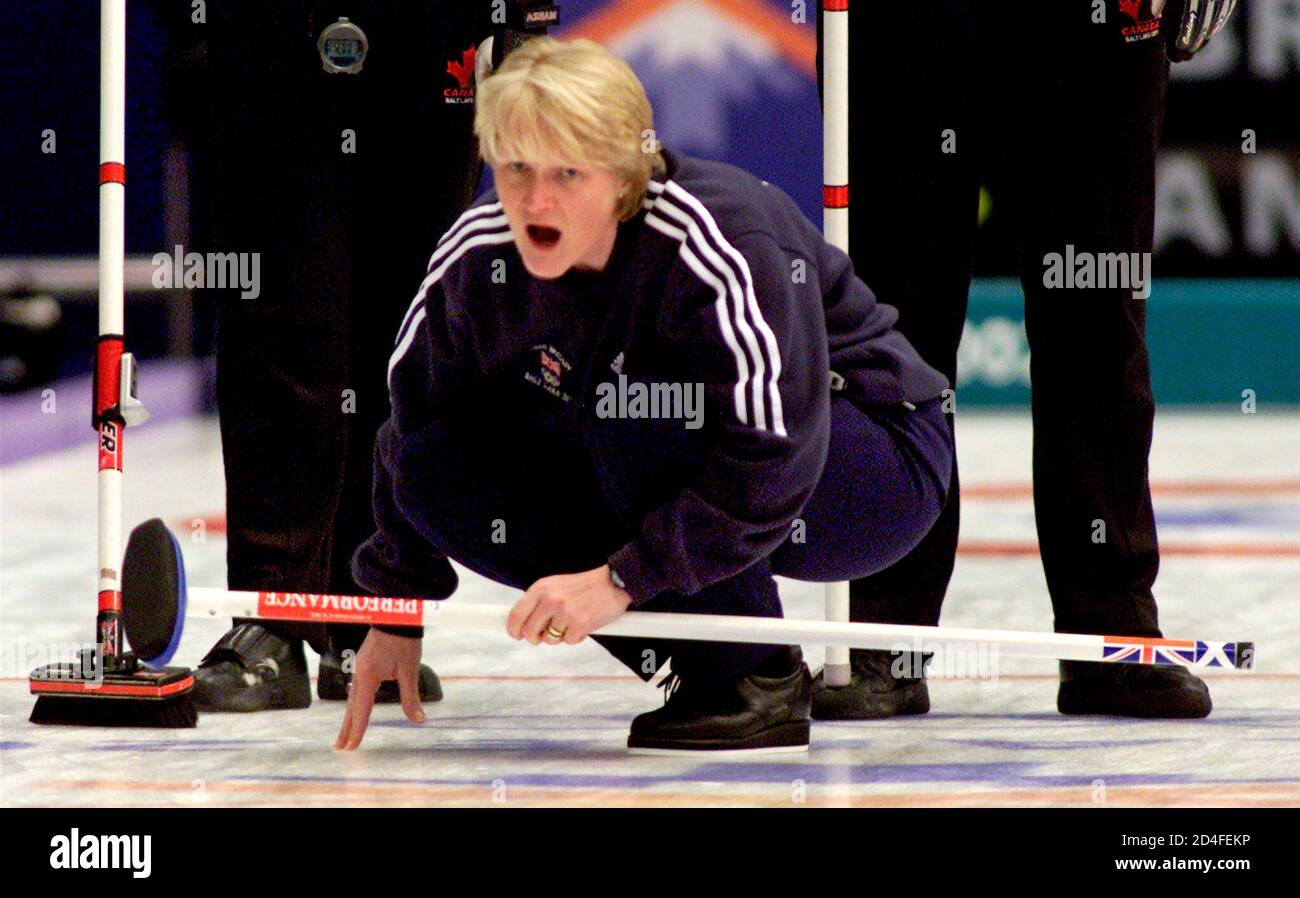 Skip Rhona Martin of Great Britain looks down the ice during a semifinal  match against Canada during the Salt Lake 2002 Winter Olympic Games women's  curling in Ogden, February 20, 2002. REUTERS/Andy