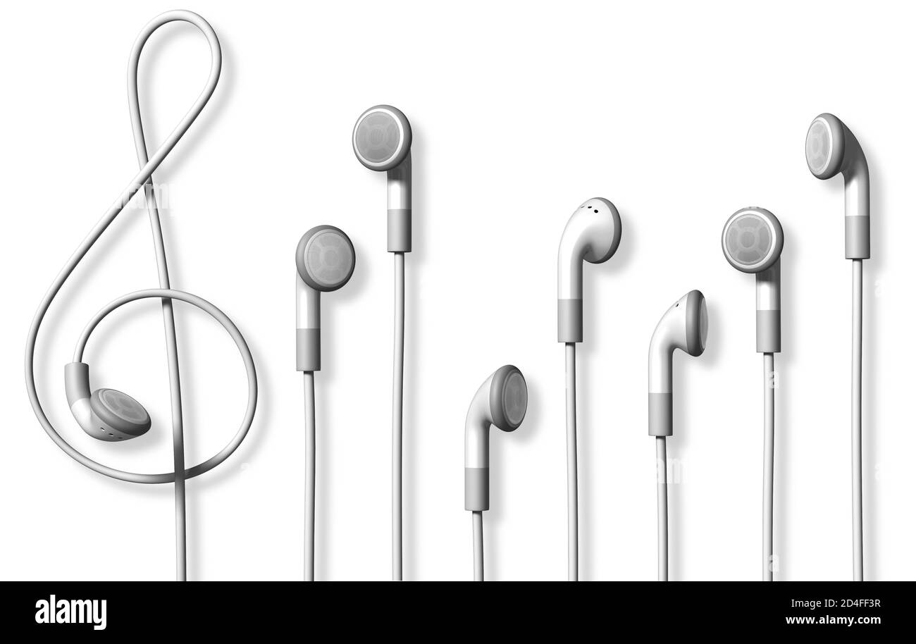 Earphones in the shape of music notes. Headphones, ear buds, white background, cut out, close up Stock Photo