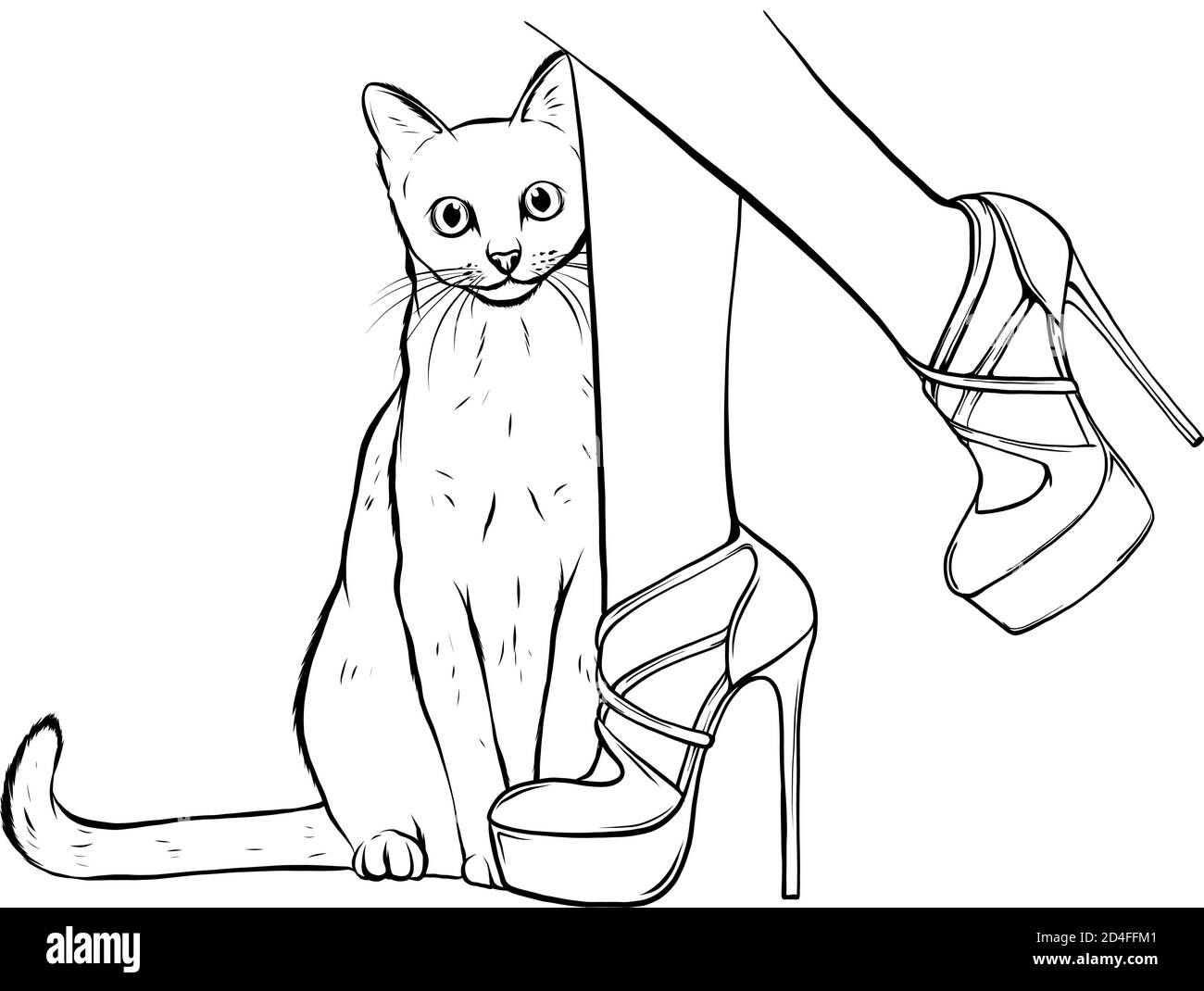 cat looking up at beautiful female legs in colorful fashionable high wedge leather sandals on white table. Stock Vector
