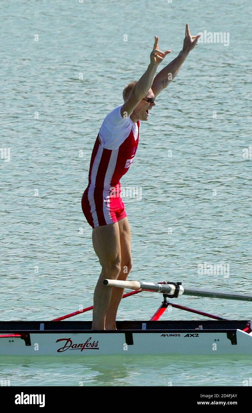 Denmark's Eskild Ebbesen reacts after winning the lightweight men four final at the World Rowing Championships in Milan August 31, 2003. The Danish team placed first followed by The Netherlands and Italy. REUTERS/Alessia Pierdomenico REUTERS AMP Stock Photo