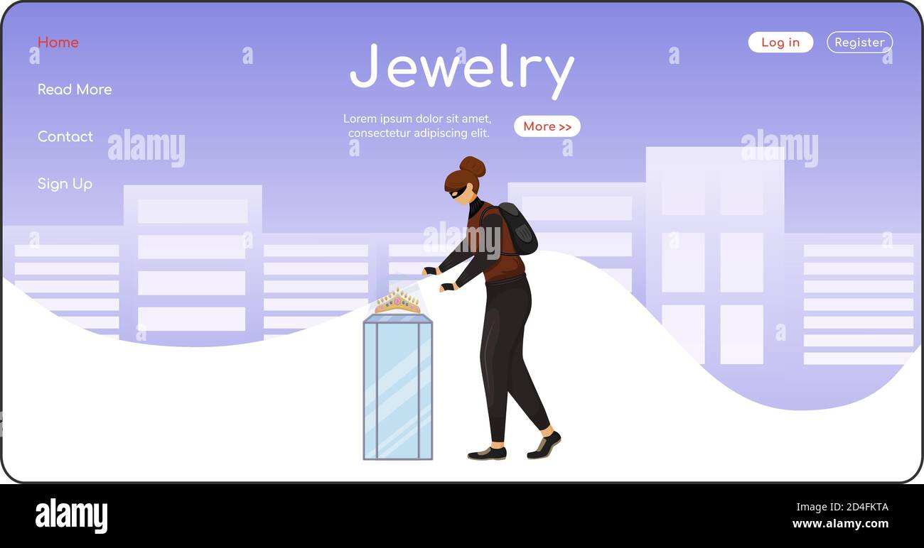 Jewelry theft landing page flat color vector template Stock Vector