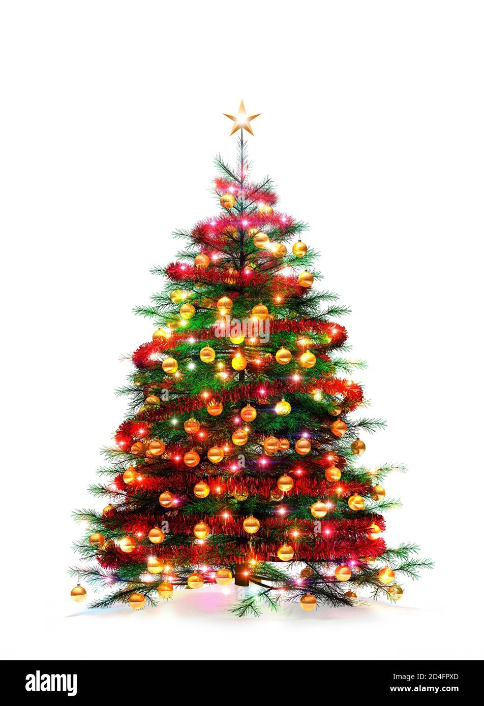 Christmas tree cut out white background snow on ground. Gold baubles, red tinsel, xmas lights, isolated Stock Photo