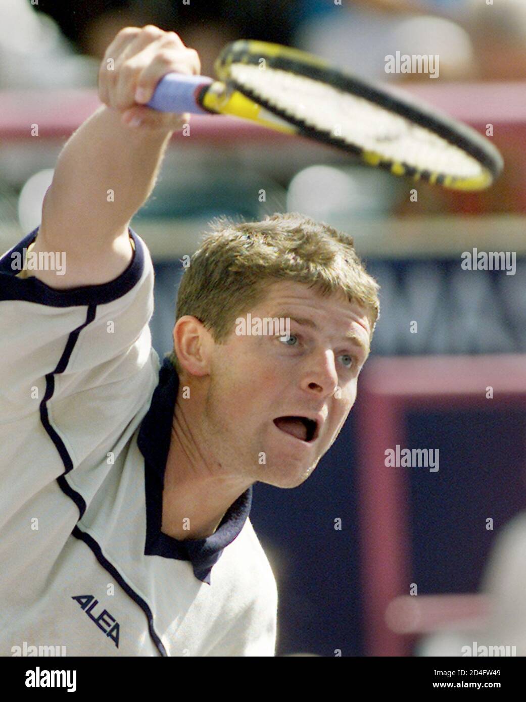 Jiri Novak of the Czech Republic serves during his quarter final win over  Australia's Pat Rafter at the Tennis Masters Series-Canada in Toronto,  August 4, 2000. Novak defeated Rafter 3-6 7-6 6-2