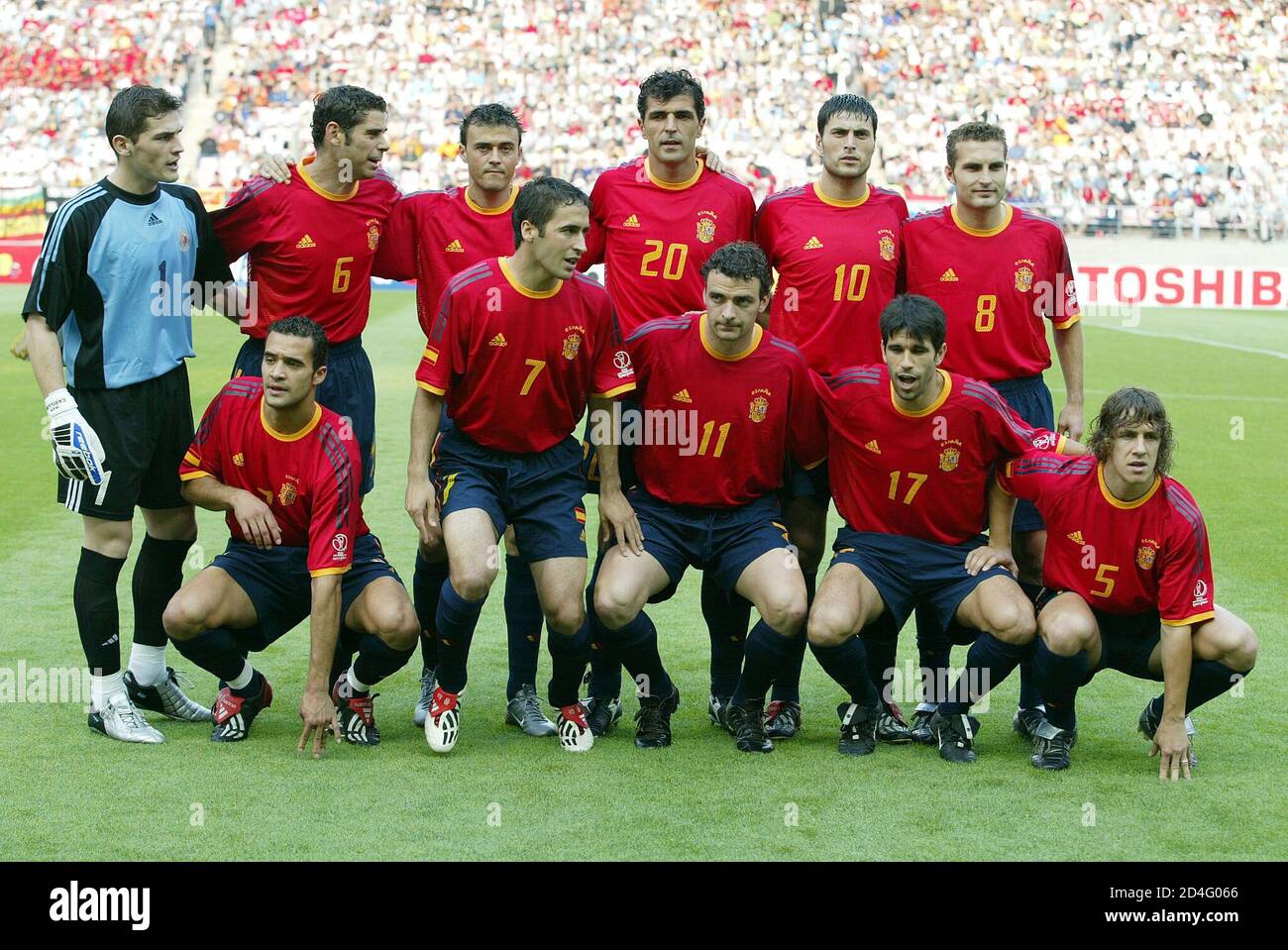 Spain S L R Top Iker Casillas Fernando Hierro Luis Enrique Miguel Angel Nadal Diego Tristan Ruben Baraja L R Bottom Juanfran Raul Javi De Pedro Juan Carlos Valeron And Carles Puyol Pose Before The