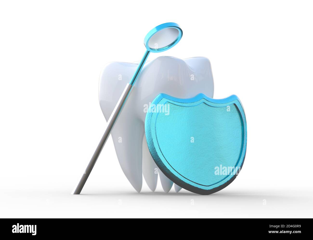Shield with a dental mirror near a tooth. Concept of dental care and