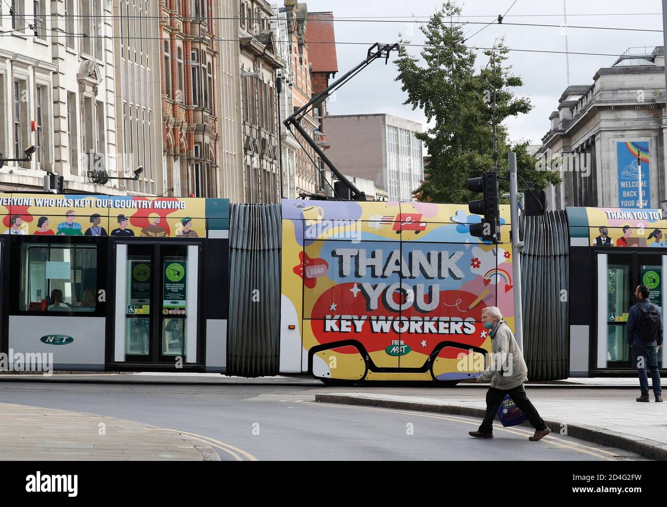 Nottingham, Nottinghamshire, UK. 9th October 2020. A tram with livery thanking key workers travels through the city centre after it was announced Nottingham has the highest Covid-19 infection rate in the UK. Credit Darren Staples/Alamy Live News. Stock Photo
