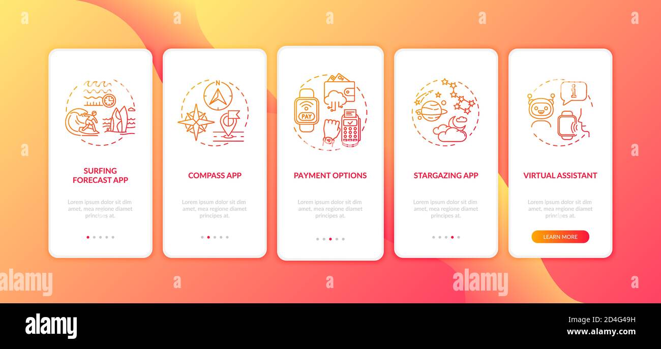 Smart watch functions onboarding mobile app page screen with concepts Stock Vector