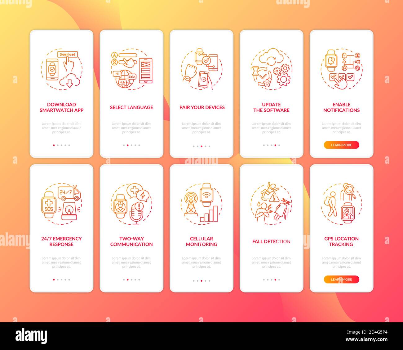 Smart watch setup hints onboarding mobile app page screen with concepts set Stock Vector