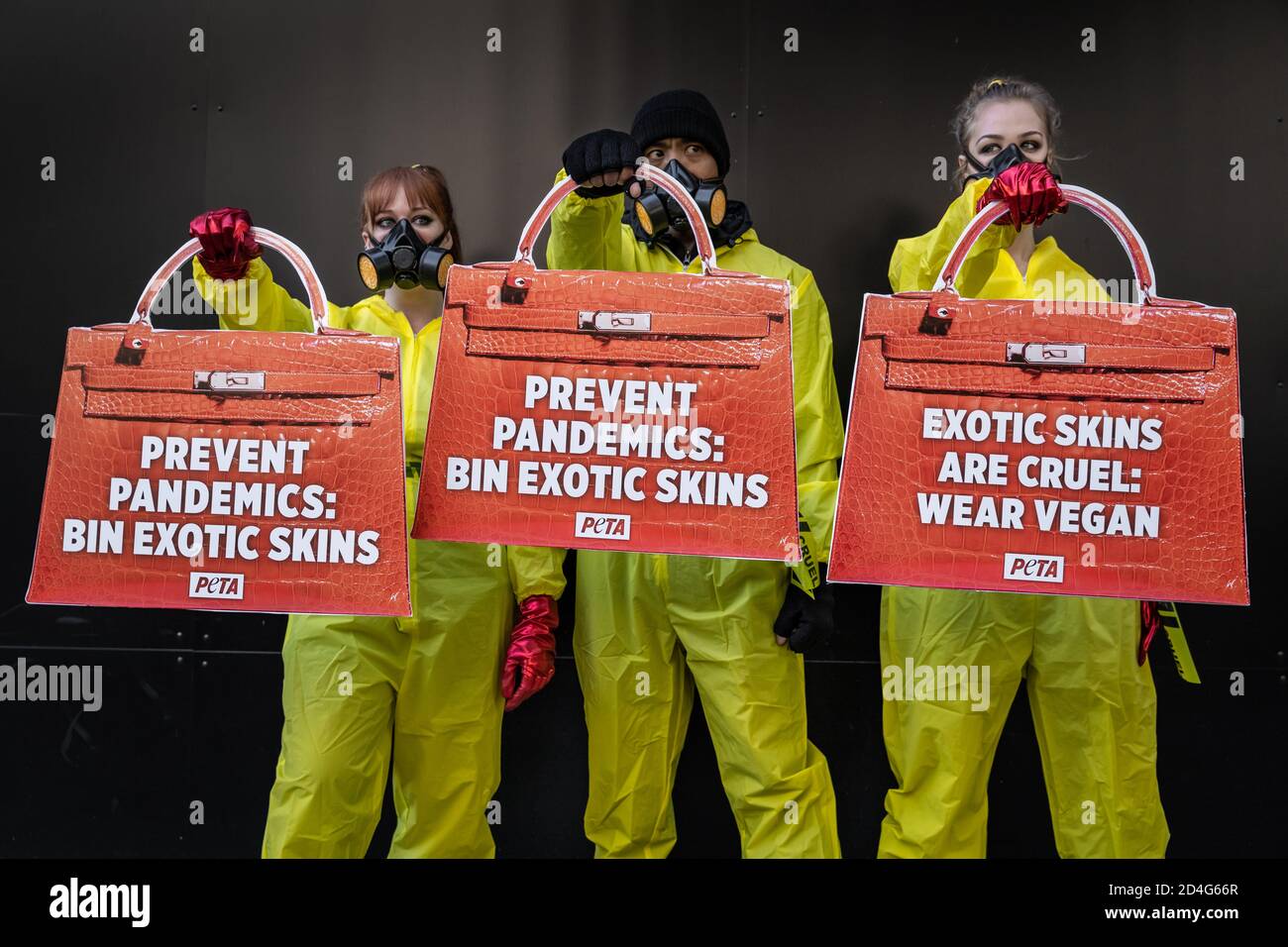 PETA animal rights stage an anti-exotic skins protest at the start of London Fashion Week outside Somerset House. London, UK. Stock Photo