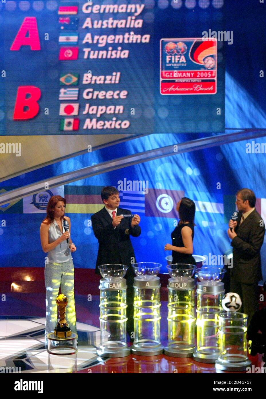 Lierhaus, Delling, Champagne and Witt watch as the draw for the 2005 FIFA Confederations  Cup is made in Frankfurt. TV presenters Monica Lierhaus (L) and Gerhard  Delling (R), FIFA Vice President Jerome