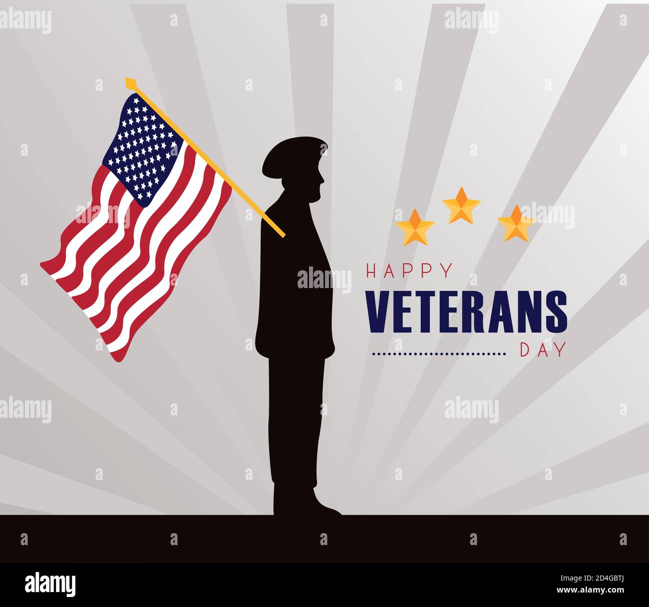 happy veterans day lettering with officer silhouette and usa flag in ...