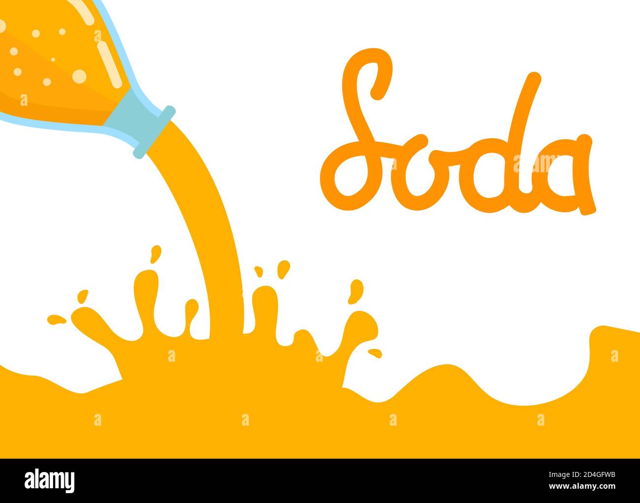 Water splash orange lemonade soda liquid.Bottle glass lemonade Stock