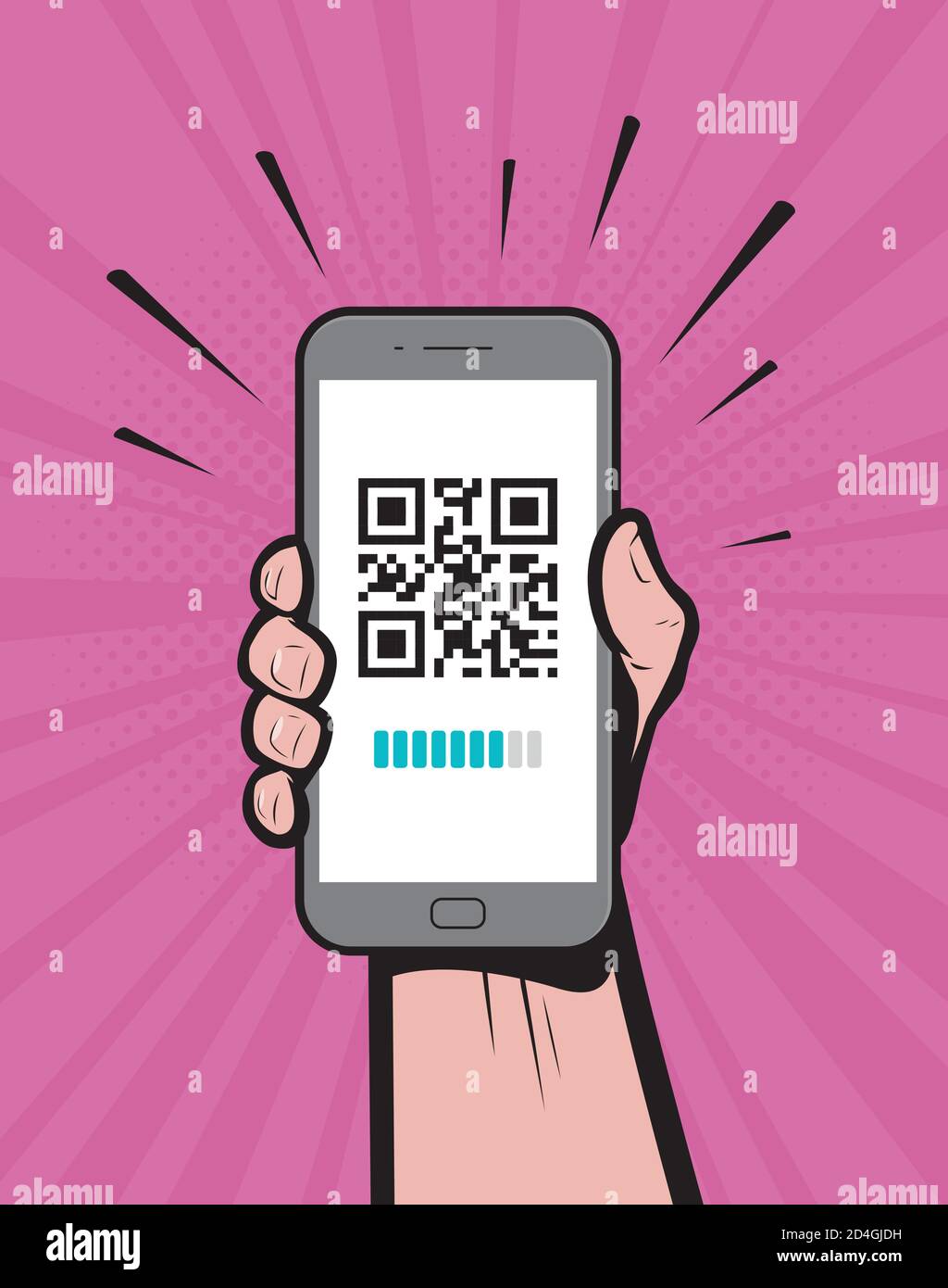 Hand holding a phone with qr code on the screen. Vector illustration Stock Vector
