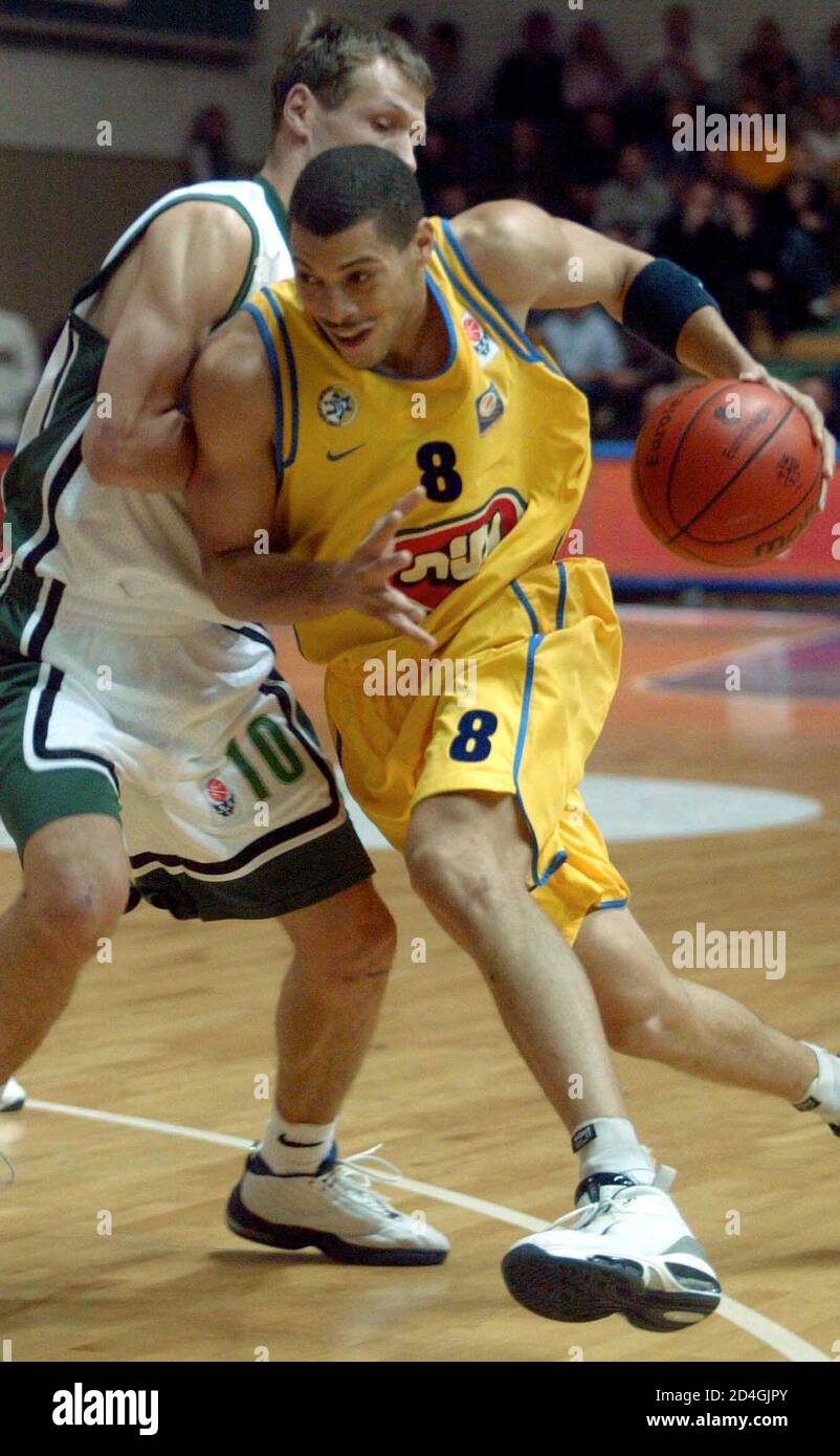 Antony Parker 8 Of Maccabi From Tel Aviv Israel Pushes Past Slavko Duscak 10 Of Krka From Novo Mesto Slovenia During Their Second Round Of European Basketball League In Novo Mesto November