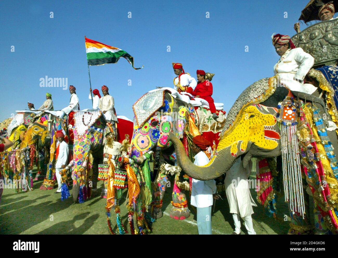 Mahouts Sit In Traditional Dresses Atop Their Decorated Elephants During A Competition During The Elephant Festival In Jaipur Capital Of India S Desert State Of Rajasthan March 6 2004 For More Than 20<script async src=