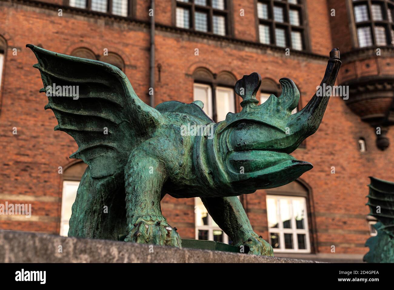Statue of a gallifant or gallifante, imaginary animal half rooster half elephant, in the Copenhagen City Hall in City Hall Square or Rådhuspladsen in Stock Photo