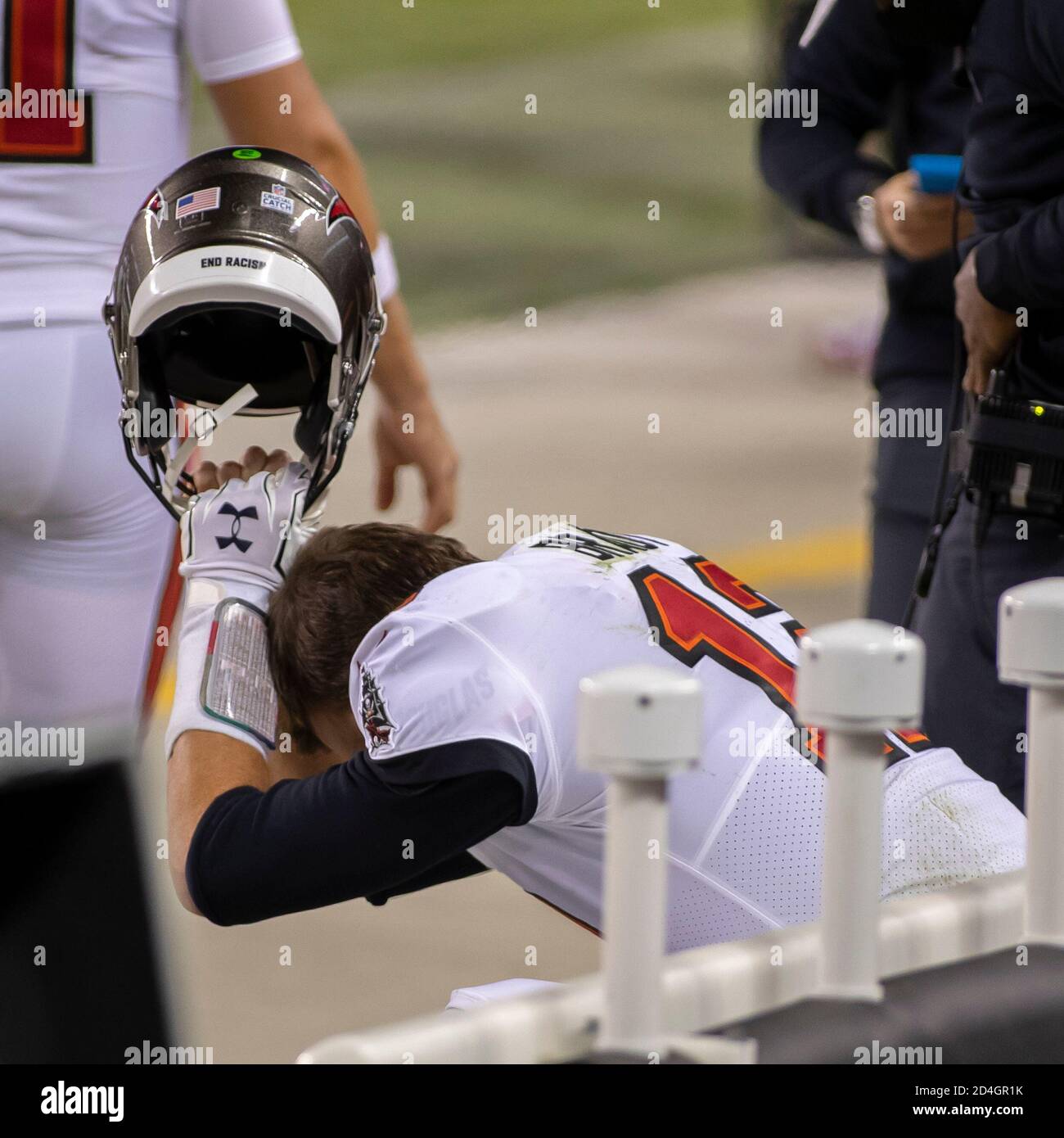 Chicago, Illinois, USA. 08th Oct, 2020. - Buccaneers Quarterback #12 Tom  Brady slams his helmet in frustration at the loss after the NFL Game  between the Tampa Bay Buccaneers and Chicago Bears