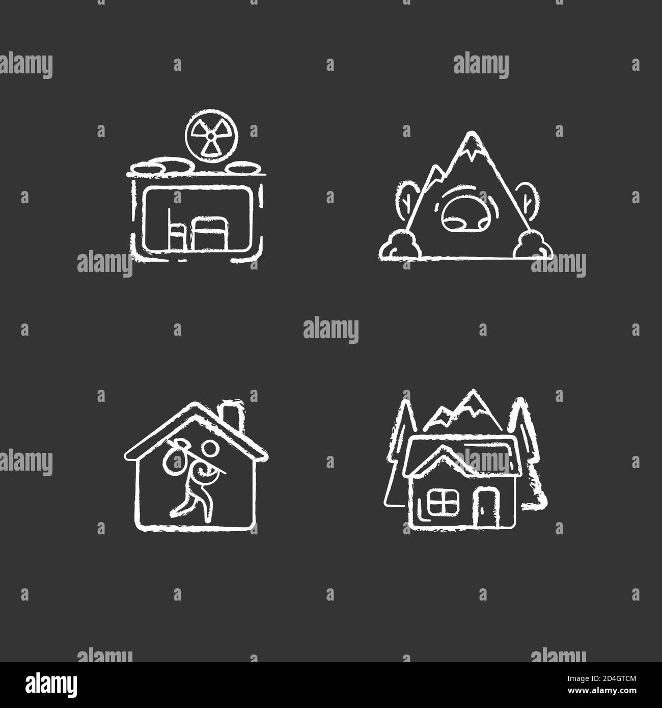 Transitional housing chalk white icons set on black background Stock Vector