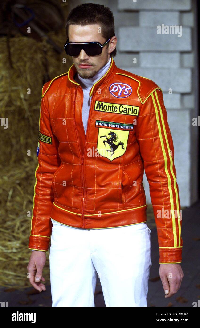 A model wears a red leather jacket as part of Dolce & Gabbana's  Autumn/Winter ready-to-wear men's collection 2001 in Milan January 14,  2001. Dolce & Gabbana's collection inspired by car and horse