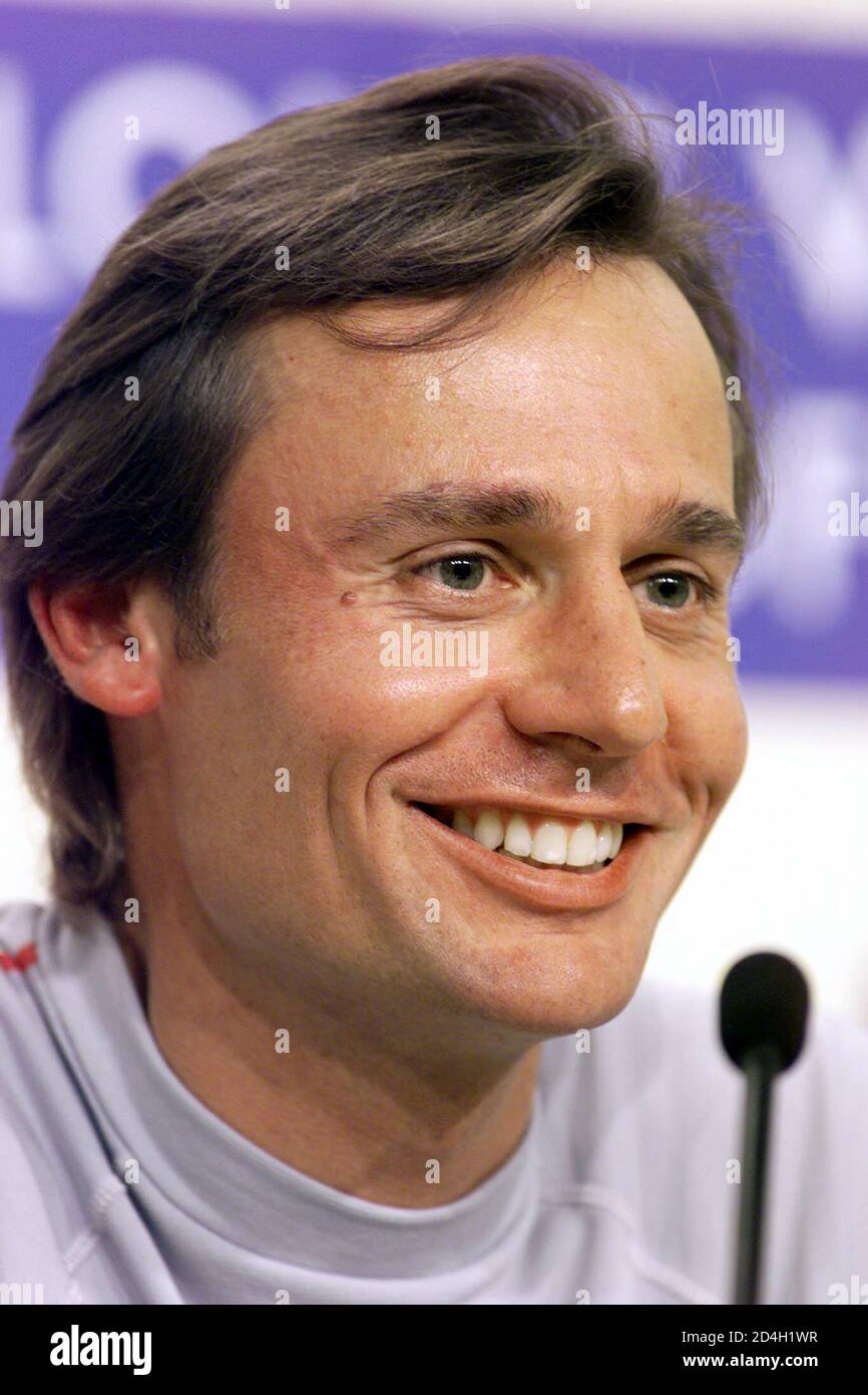 Ernesto Bertarelli, syndicate head of Swiss entrant Alinghi, smiles at a  press conference during the quarter-final stage of the Louis Vuitton Cup in  Auckland November 15, 2002. Alinghi hold a 3-0 lead
